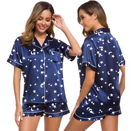 SWOMOG Womens Silk Satin Pajamas Set Short Sleeve Button Down Sleepwear Loungewear 2 Pcs Pj Sets Moon and Star Navy Blue XX-Large