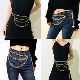 Women Fashion Gold Adjustable Buckle Waist Chain, Vintage Openwork Chain Multilayer Metal Belts Body Belly Chain Long Belt Dress Belt Costume Accessory Body Jewelry for Everyday, Party or Festival