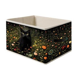 FITIE Dark Green Wildflower Black Cat Storage Bin Box with Handles, Cottagecore Floral Botanical Cat Foldable Organizer Basket Toybox for Girls Room Bedroom Bathroom Clothes Toys Books