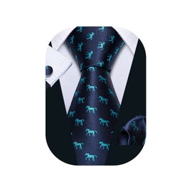 Barry.Wang Fun Animal Ties for Men Designer Handkerchief Cufflink WOVEN Casual Necktie Set Festival, Blue Horse, One Size