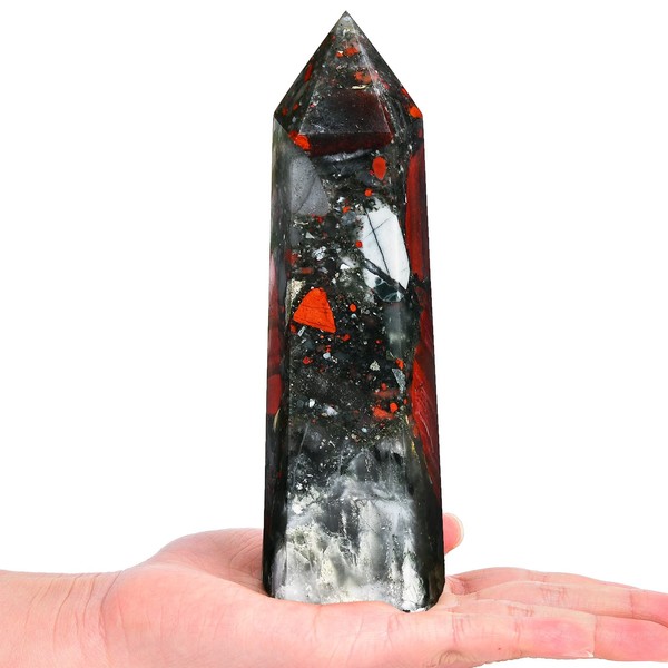 AMOYSTONE African Bloodstone Obelisk Large Healing Crystal Wand Tower 6 Faceted Column Reiki Chakra Meditation Therapy Red 1.1-1.7 LBS