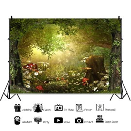 Fairy Tale Forest Wonderland Backdrops for Photography Spring Garden Green Trees Wildflowers Daisy Mushroom Sunlight Photo Background Kid Boy Girl Portrait Photoshoot Prop Party Decor (7x5ft)