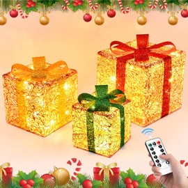 JONRRYIN LED Christmas Gift Box, Set of 3 LED Decorative Gift Box with Remote Control, Timer, 8 Flash Modes and Bows, Gift Box for Christmas Decoration, Party and Birthday (3 Pieces)