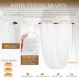 4 Panels White Ceiling Drapes for Wedding Ceiling Drapes 5ftx30ft Ceiling Draping Fabric Gauze Curtains Cheesecloth Drapery Draping Wedding Ceiling Decorations for Party Ceremony Stage Swag