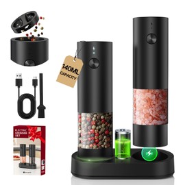 CIRCLE JOY Electric Salt and Pepper Grinder Set with Charging Base, Rechargeable Automatic Pepper Mill, Adjustable Coarseness, LED Light, 140ml Large Capacity