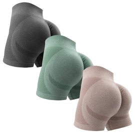 OVESPORT - Pantalones cortos de entrenamiento de 3 piezas para mujer, sin costuras, levantamiento de glúteos, cintura alta, yoga, gimnasio, pantalones cortos para correr, Verde/Gris Oscuro/café Claro,