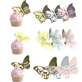 9 Pcs Happy Birthday Cupcake Toppers,Mirror Acrylic Cupcake Toppers,Mini Butterfly Birthday Engraved Topper,Birthday Party DIY Dessert Cupcake Decoration