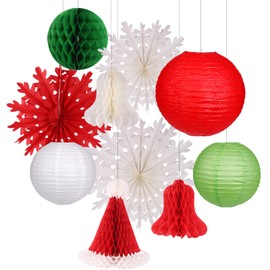 Christmas Party Decorations Hanging Paper Lanterns Christmas Hat Bells Honeycomb Snowflake Fan for Party Home Yard Indoor Outdoor Christmas Decor