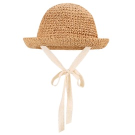 IBLUELOVER Girls Straw Hat Foldable Sun Hat Summer Baby Kids Roll up Panama Hat Outdoor UV Protection Beach Hat with Lovely Lace Chin Strap for Toddler Kids 2-7 Years Khaki