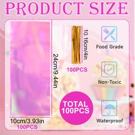 Cellophane Treat Bags,Cello Bags, Iridescent Holographic,Colorful Holographic Cookie Bags for Gifting with Twist Ties 100 Pcs, 10x24cm, Party Favor Packaging Bags