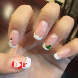 Christmas Press on Nails Short Square Fake Nails Nude French Tip Stick on Nails Cute Snowflake Full Cover Acrylic Nails with White Design False Nails Winter Nail Decorations for Women Girls