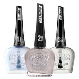 MASGLO GEL EVOLUTION Nail Polish Gel Effect, No UV/Led Lamp, Duration Up to 12 days, 3 PCs -Base, Esmalte Color, Brillo - Efecto Gel sin necesidad de UV/Led, 0,5 Fl. Oz. (Original)
