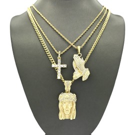 Shiny Jewelers USA Men Gold Iced Out Jesus, Praying Hands, Ankh, Cross, Angel Hip Hop Pendant Chain Necklace Set (Jesus, Praying Hands, Cross Gold)