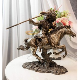 Ebros Tribal Native American Indian Chief Warrior With Trailer War Bonnet Eagle Headdress Charging On Horse Throwing Spear Statue 12.25" Tall Indians Figurines And Statues Cultural Heritage Home Decor