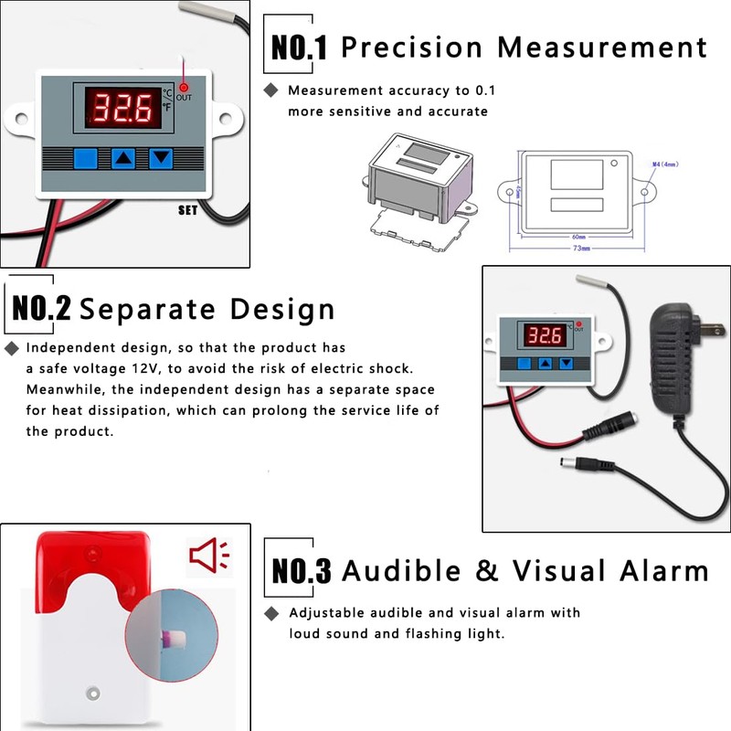 12V High/Low Temperature Monitor, Temperature Sensor with 5M Waterproof Probe,