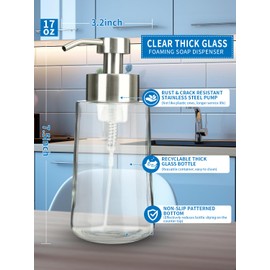 Doiliese Foaming Hand Soap Dispenser Set, 16 oz Large Glass Soap Dispenser, Foam Dispenser with Stainless Steel Pump & Waterproof Labels, Refillable Soap Bottles for Bathroom Countertop, 2 in 1