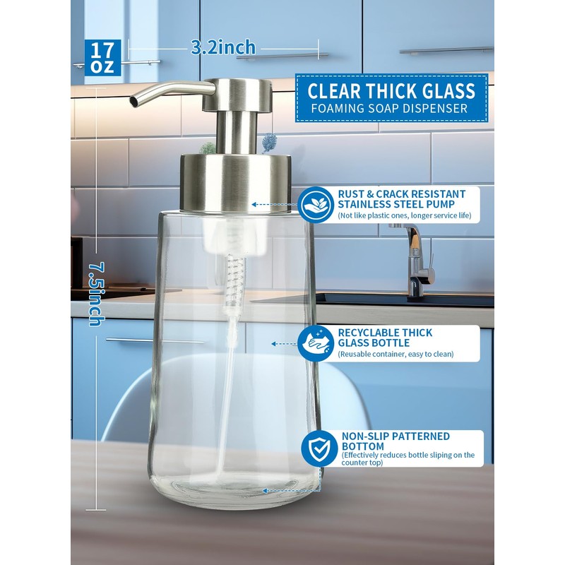 Doiliese Foaming Hand Soap Dispenser Set, 16 oz Large Glass