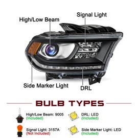 JSBOYAT Right Passenger Side Headlight Assembly [w/LED DRL] Compatible with 2016-2020 Dodge Durango, Factory Halogen Model Headlamps Replacement with Bulbs (Not for HID Model)