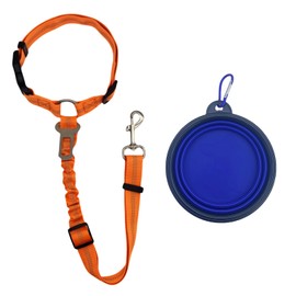 Castaic 2-in-1 Dog Seat Belt and Leash, 1 Pack Pet Safe Guard Car Seat Belt with Portable Bowl, Adjustable Seatbelt Headrest with Nylon Fabric Reflective Stripe (1 Orange Seatbelt 1 Blue Bowl)