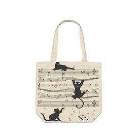 RetroZ Canvas Tote Bag-Premium Cotton bag with Zipper,InnerPocket,Long Handles-Stylish Tote for College,Shopping,Travel,Beach - Musical Cat Offwhite