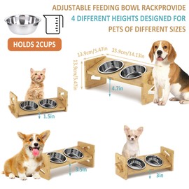 Plliocse Raised Dog Bowl with Stand, Elevated Dog Bowls, 6 Heights Adjustable Bamboo Dog Feeding Station with 2 Stainless Steel Pet Bowl, Dog Bowls for Small Dogs Cats