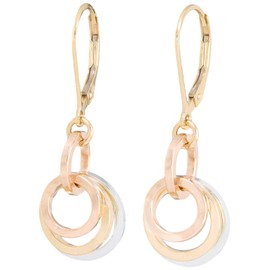 Tricolor Short Dangle Leverback Earrings with 925 Sterling Silver and 14K Yellow and Rose Gold-Filled Circles Everyday Jewelry Gift Idea for Women