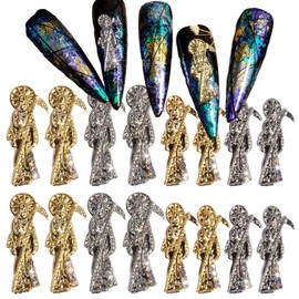 Santa Muerte Nail Charms,16PCS Gold Sliver Alloy Nail Rhinestones Decoration for Acrylic Nails, Grim Reaper Nail Gems Diamonds Accessories for Nail Art Supplies Manicure Craft DIY BBATT-HAPPY