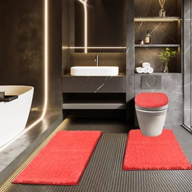 Baahrnom Bathroom Rugs Sets 3 Piece with Adjustable Toilet Seat Cover 17.5"x 15" Machine Washable Bath Rug Set with TPR Non Slip Rubber Backing Solid Bath Mat Set for Luxury Bathroom Decoration