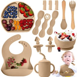 14pzs Vajillas Platos para Bebe Silicona, Set Alimentacion Complementaria Bebe, Plato para Bebe con Ventosas, Baberos Ajustable, Sin BPA, Fácil de Lim