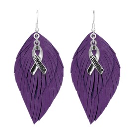 Purple Boho Survivor Charm Earrings Leather Feather Wire Jewelry Awareness Gift