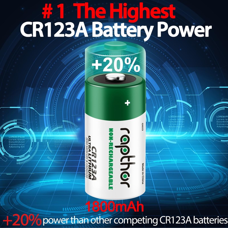 rapthor 1800mAh CR123A 3V Lithium Batteries CR123 123A CR17345 3