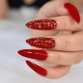 LINSSQ 3D Rhinestones Glossy Red Press on Nails, Super Long Stiletto False Nails, Beauty Manicure Kits Reusable UV Gel Fake Finger Stones Nail Art Tips for Daily Office Party
