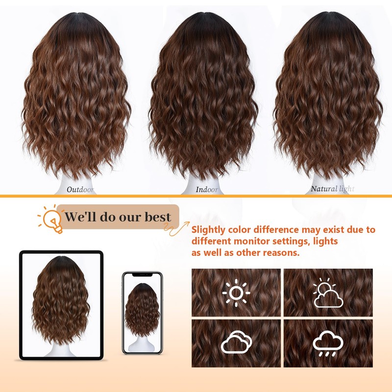 RUNM Short Bob Wavy Wigs for Women Brown Wig with