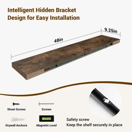 Acovy 48 Inch Floating Shelves, 48"x9.25"x1.5" Inch Deep Floating Shelves for Wall, Wooden Shelves for Bathroom, Bedroom, Living Room, Brown