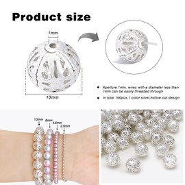 Toaob 100pcs 10 mm Silver Filigree Hollow Spheres Metal Spacer Beads for Crafts Jewellery Making