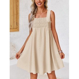 Fisoew Women 's Summer Casual Sleeveless Mini Dress Square Neck Smocked Swing Loose Babydoll Dress Beige
