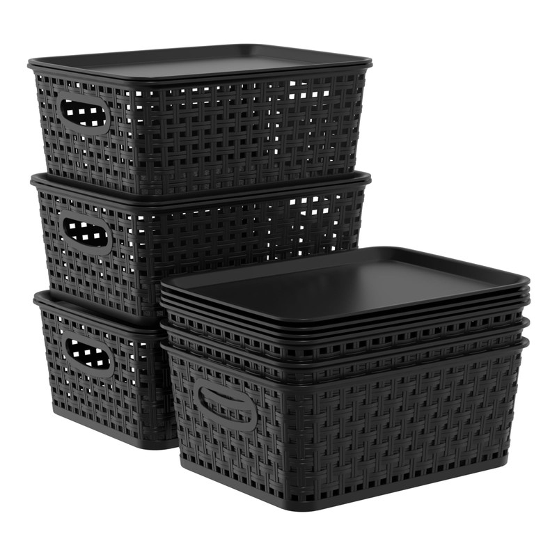 Qqbine Set of 6 Plastic Lidded Storage Shelf Baskets, Stackable