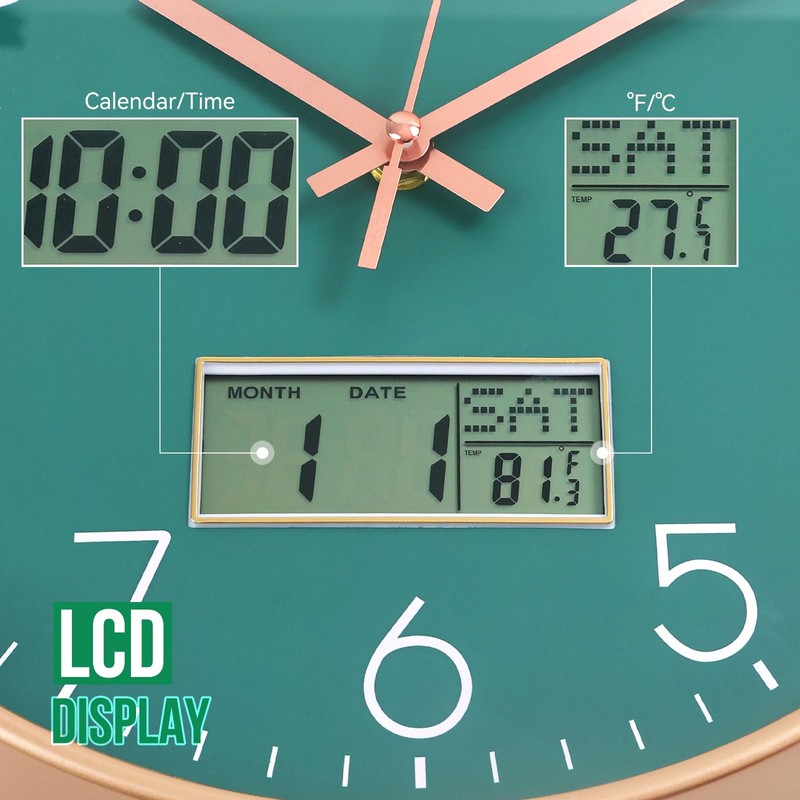 BAKBRAND Wall Clock with LCD Display Non-Ticking Silent Quartz Movement