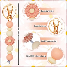 Whaline 4Pcs Flower Silicone Beaded Keychain Daisy Key Ring Holder Daisy Silicone Keychain Tassel Car Key Ring Holder Decoration for Car Keys Purse Backpack Bag Ornament