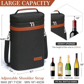 2 Bottle Wine Bag Wine Carrier Wine Gift Tote Bag, Leakproof & Insulated Wine Cooler Bag Wine Bottle Gift Bag for Travel, BYOB, Beach, Dinner, Party, Christmas Gifts for Wine Lovers Women Men - Black