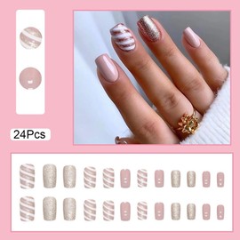 Square Shape Press on Nails Short Christmas Fake Nails with White Line Gold Glitter Design False Nails Glossy Glue on Nails Pink Acrylic Nails Stick on Nails for Women 24 pcs