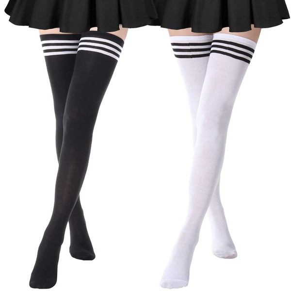 DRESHOW 2 Pairs Extra Long High Thigh Socks Striped Over