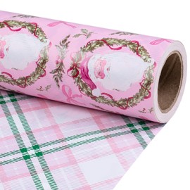 RUSPEPA 30" X 32.8' Reversible Christmas Wrapping Large Paper Roll, Jumbo Roll, Pink Santa Claus, Floral Wreath, Bow Design, Green Pink Plaid Gift Wrap for Girls, Kids, Family, Xmas Holiday Gifts
