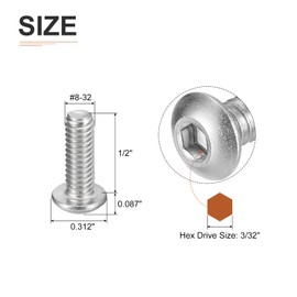 DTGN #8-32x1/2" Button Head Socket Cap Screws - 50Pack - Good for Machine - 304 Stainless Steel 18/8 - Hex Drive Full Thread UNC Fasteners