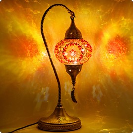 Yarra-Decor Turkish Moroccan Mosaic Table Lamp with Bronze Base - 3 Color Options Handmade Swan Neck Tiffany Mosaic Glass Bedside Lamps for Bedroom, 19" (LED Bulb Included) (Red1)