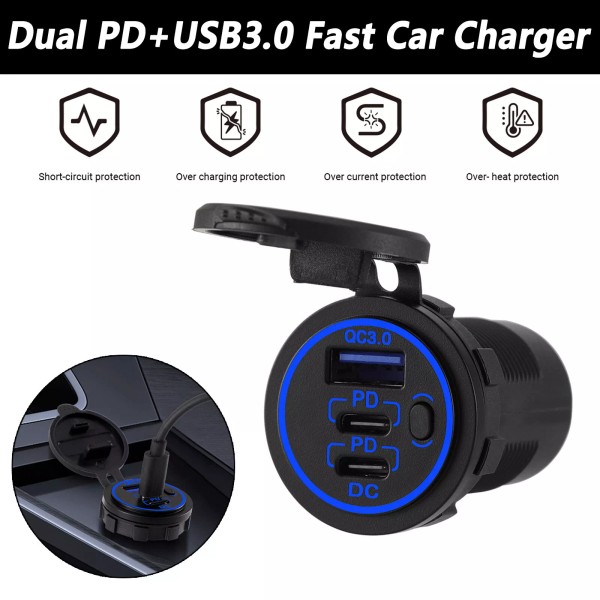 Unbranded PD & QC3.0 Outlet USB C 3 12-24V Port