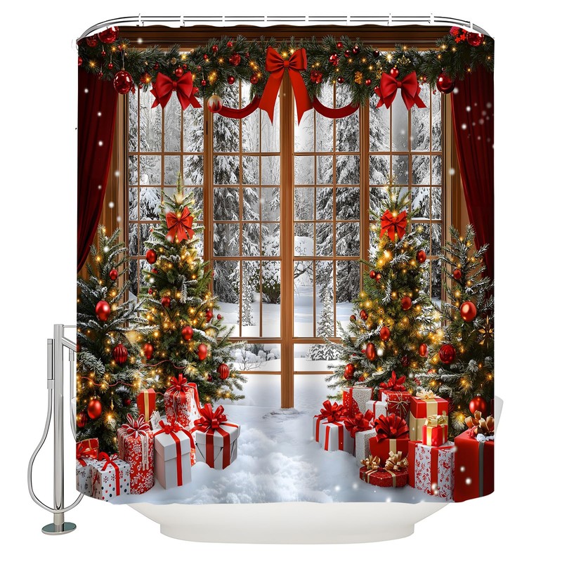 KDYDK Christmas Shower Curtain Winter Snow Window Scene 70" L