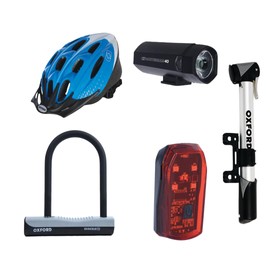 Oxford Rider Starter Bundle – Mini Pump, Lock, Lights, F15 Helmet – Blue/White L/XL – 5-Piece Bike Kit for Commuters & Beginners