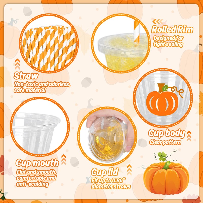 100Pcs Fall Pumpkin Disposable Plastic Cups with Lids and Straws