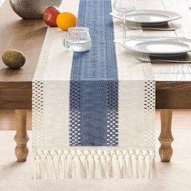 ZeeMart Macrame Style Bicolor Stitching Table Runner, 14 x 72 Inch Blue/Ivory, Boho Blue Table Runners 72 Inches Long, Farmhouse Woven Home Decor